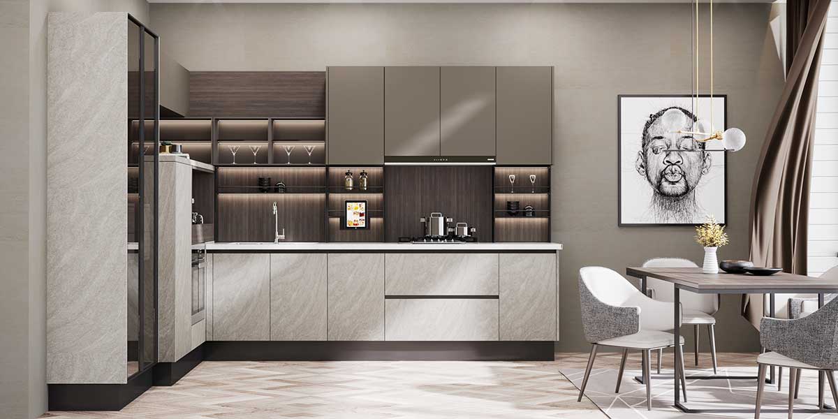 Gray Kitchen Cabinet with Laminate and Melamine Door Industrial Style Kitchen Cabinet