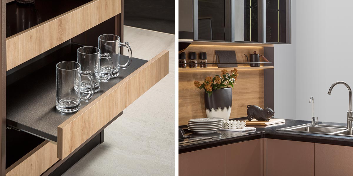 Handleless Kitchen Cabinets in Metal Laminate Finish