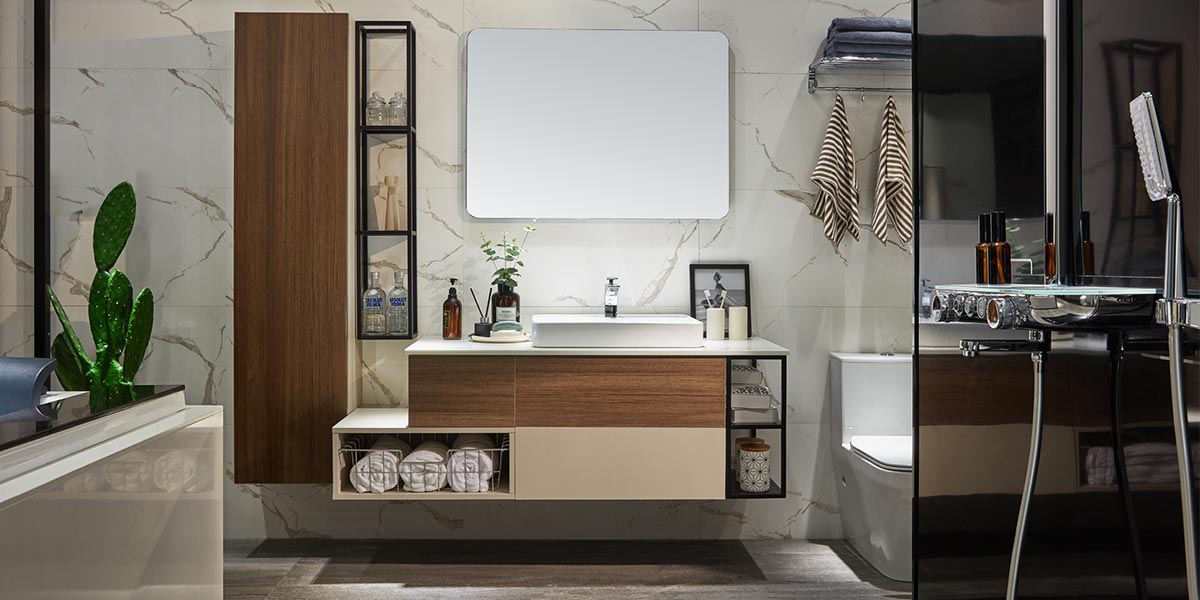 Bathroom Vanity Cabinets Beige and Wood Grain 