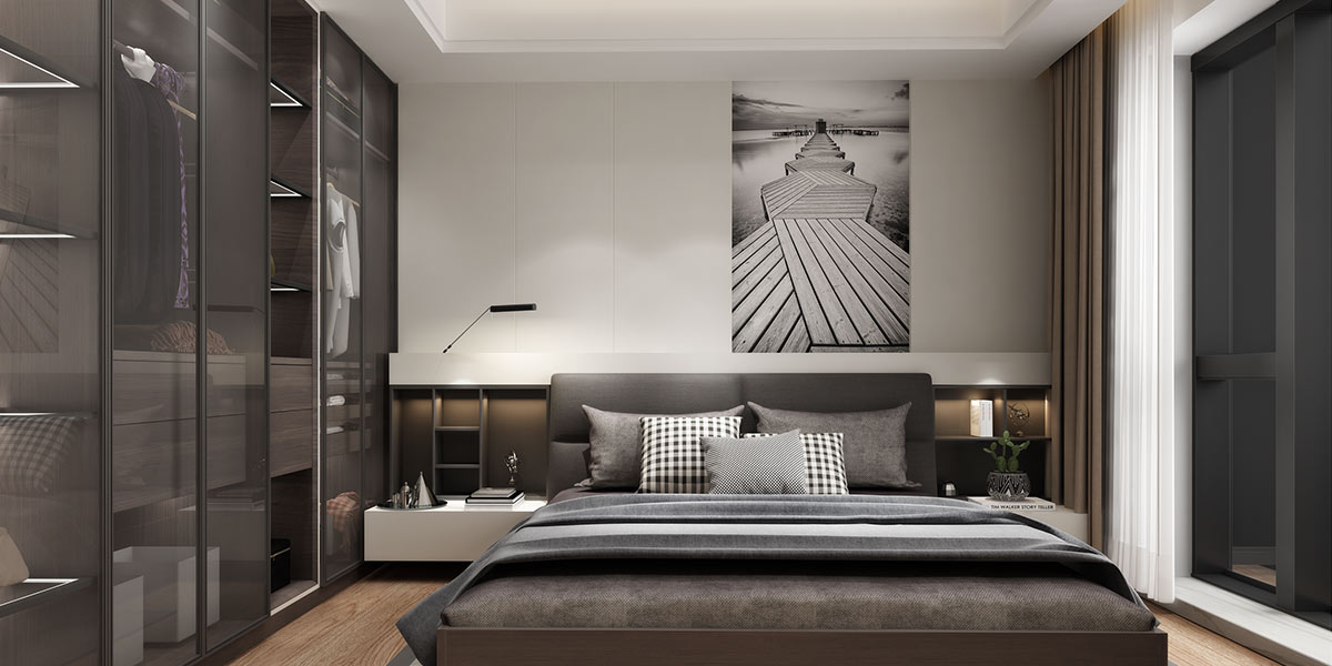 Gray Wood Fitted Wardrobe with Glass Doors
