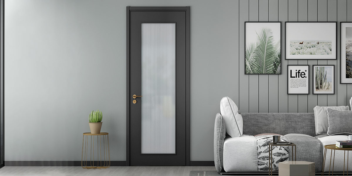 Luxury Interior Door in Dark Lacquer Finish Modern black interior door with glass panels