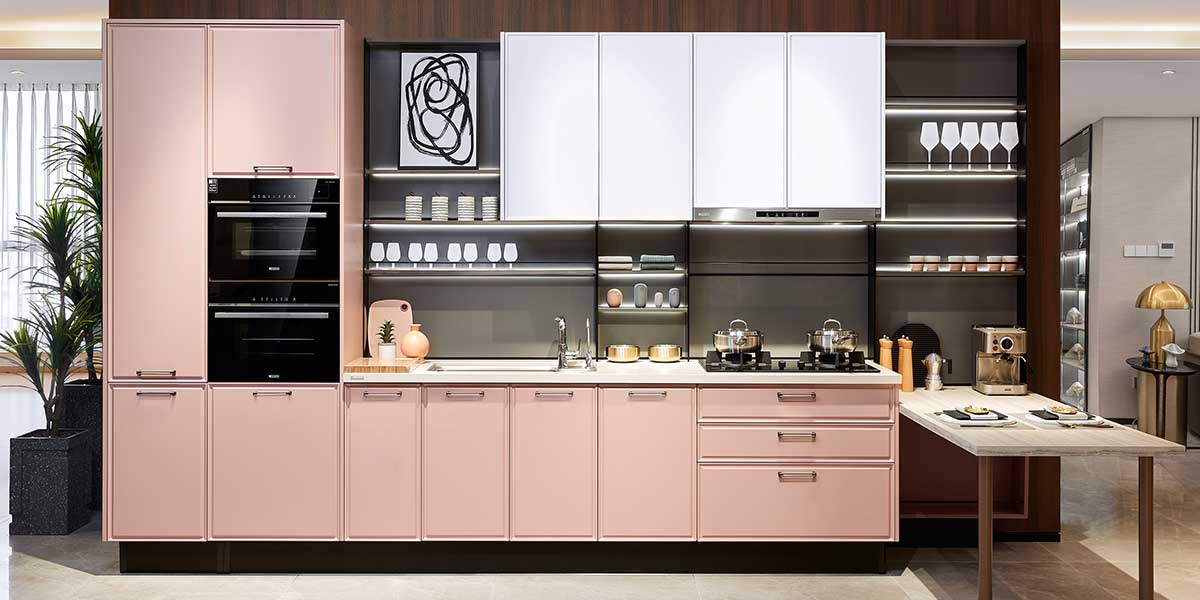Pink and White PVC Kitchen Cabinets 