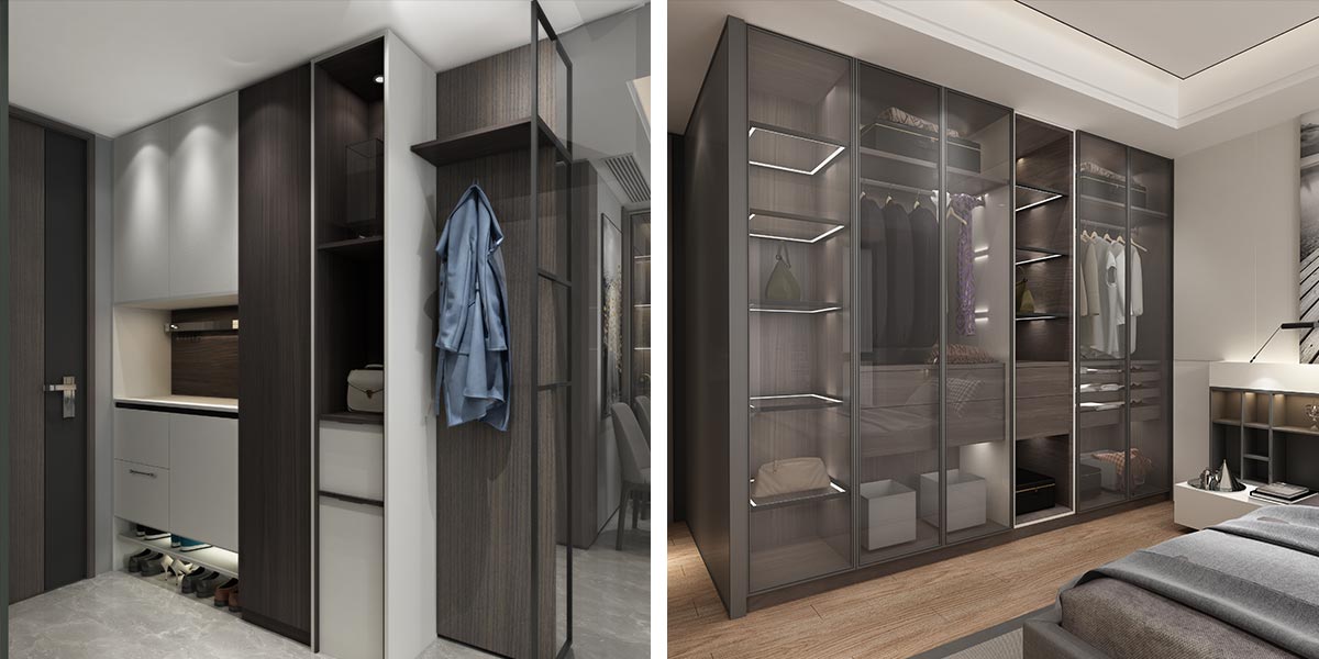 Gray Wood Fitted Wardrobe with Glass Doors