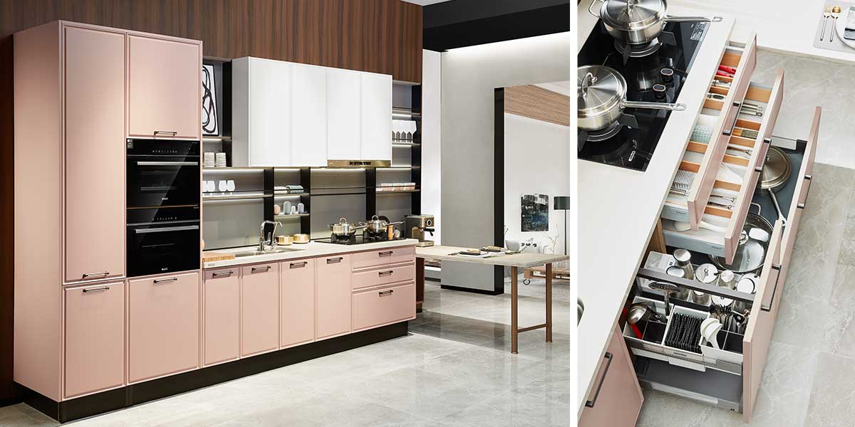 Pink and White PVC Kitchen Cabinets 