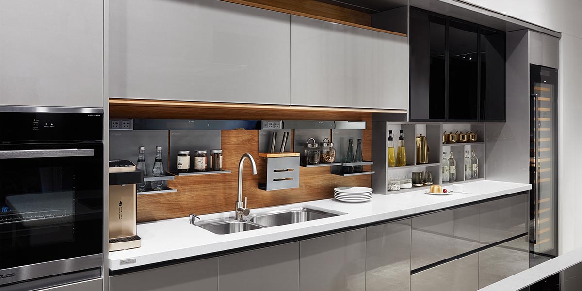 grey lacquer kitchen cabinets