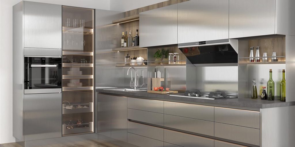 Contemporary Silver Metal PET Kitchen Cabinets