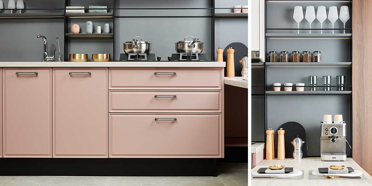 Pink and White PVC Kitchen Cabinets 