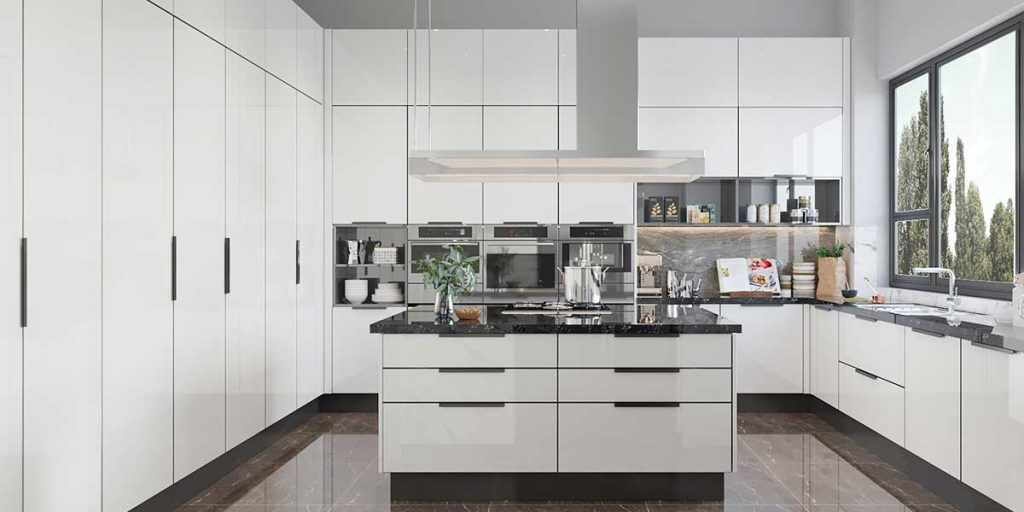 high gloss white kitchen with island