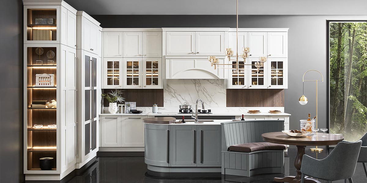 off white Kitchen With grey Island