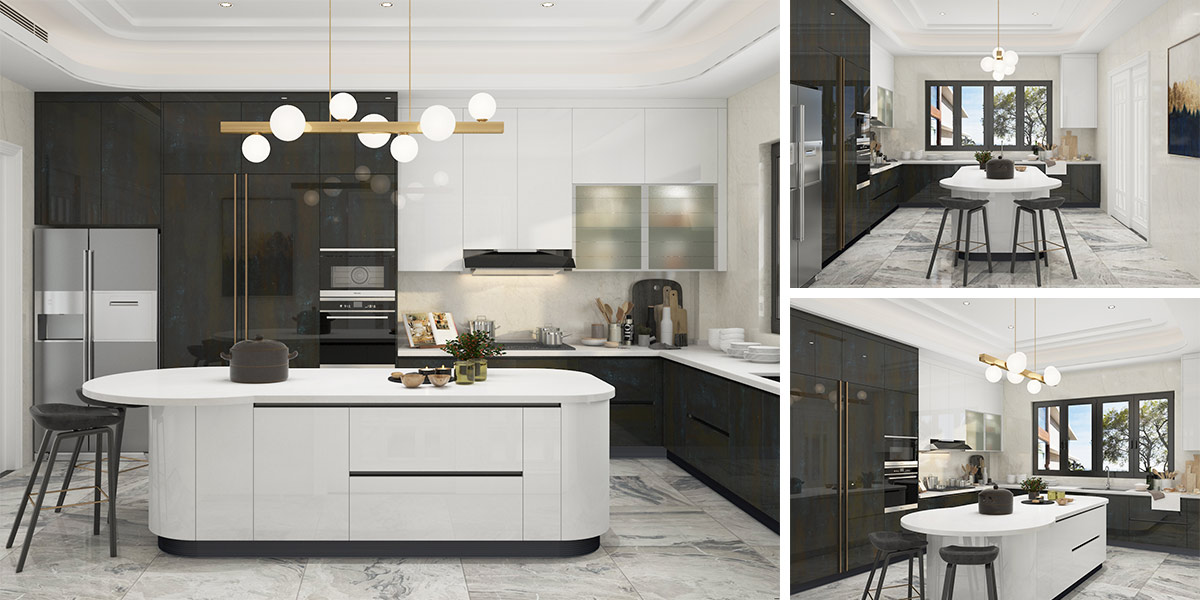Modern black and white style dry kitchen design with black kitchen cabinets and white island table