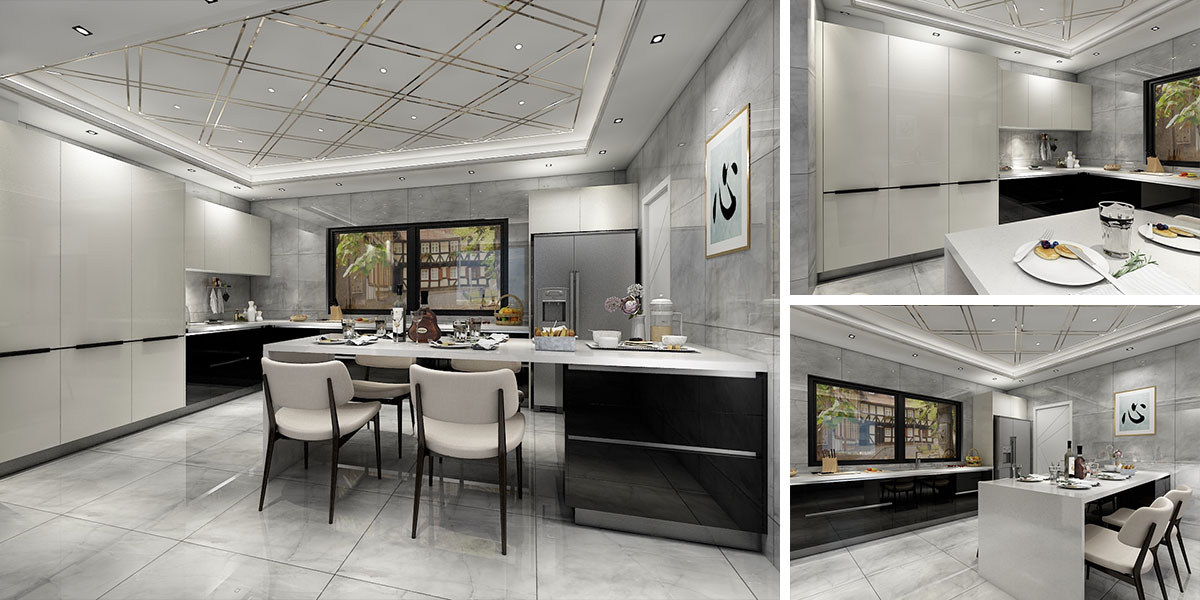 A modern style gray and white dining room