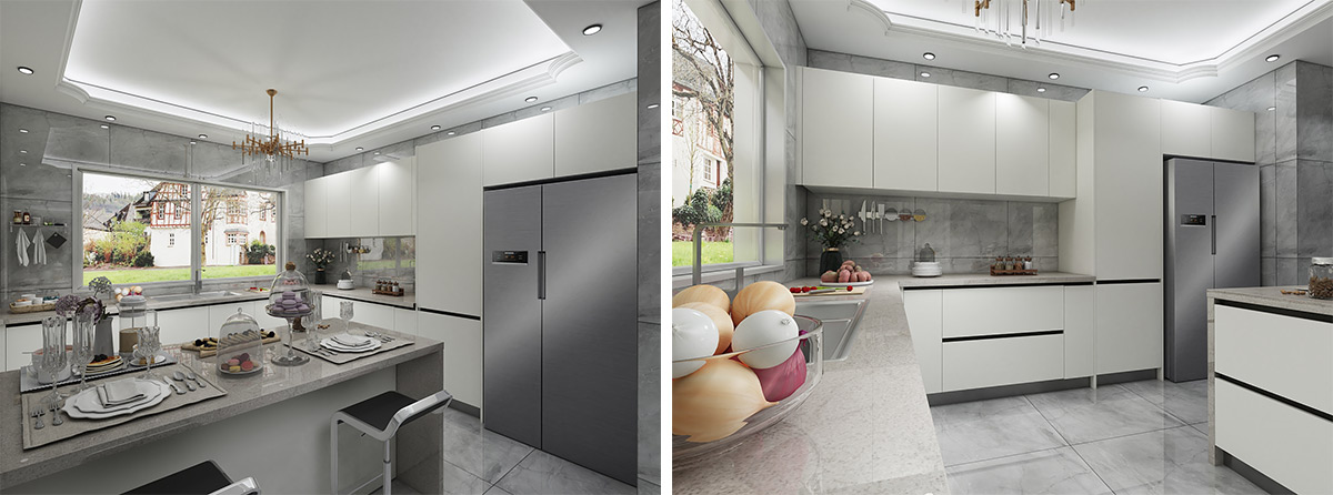 A kitchen with a marble island and matte white cabinets