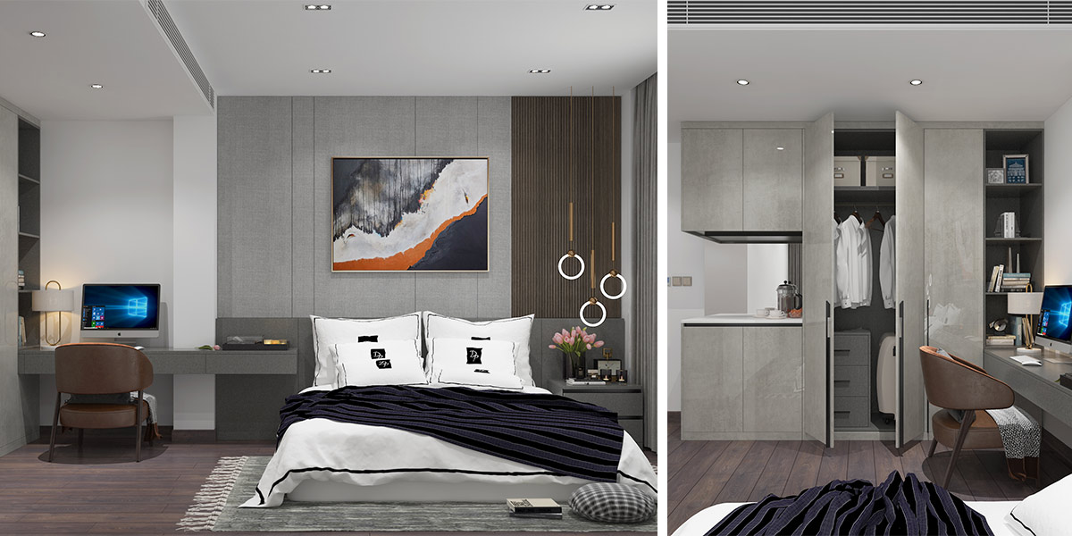A modern style guest room with a gray design