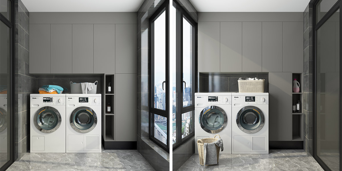 Gray handleless style cabinet for washing machine