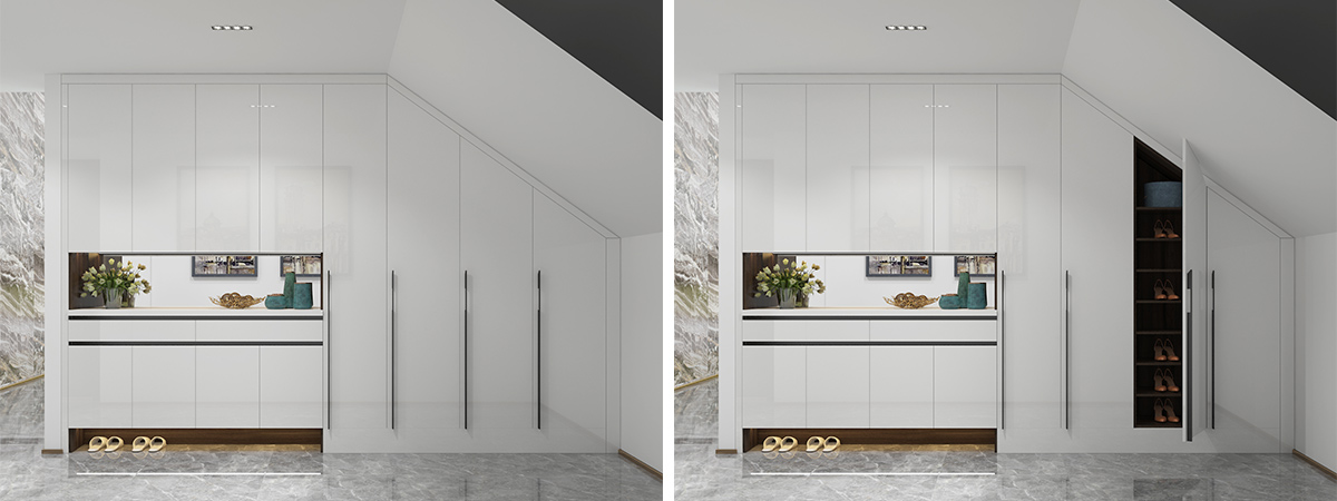 Shaped white high-gloss style shoe cabinet