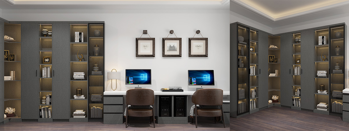 A study room with bookcases and two desks