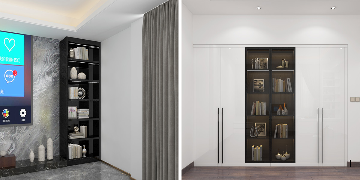 Multiple mezzanine black TV cabinets and white shoe cabinets with glass doors