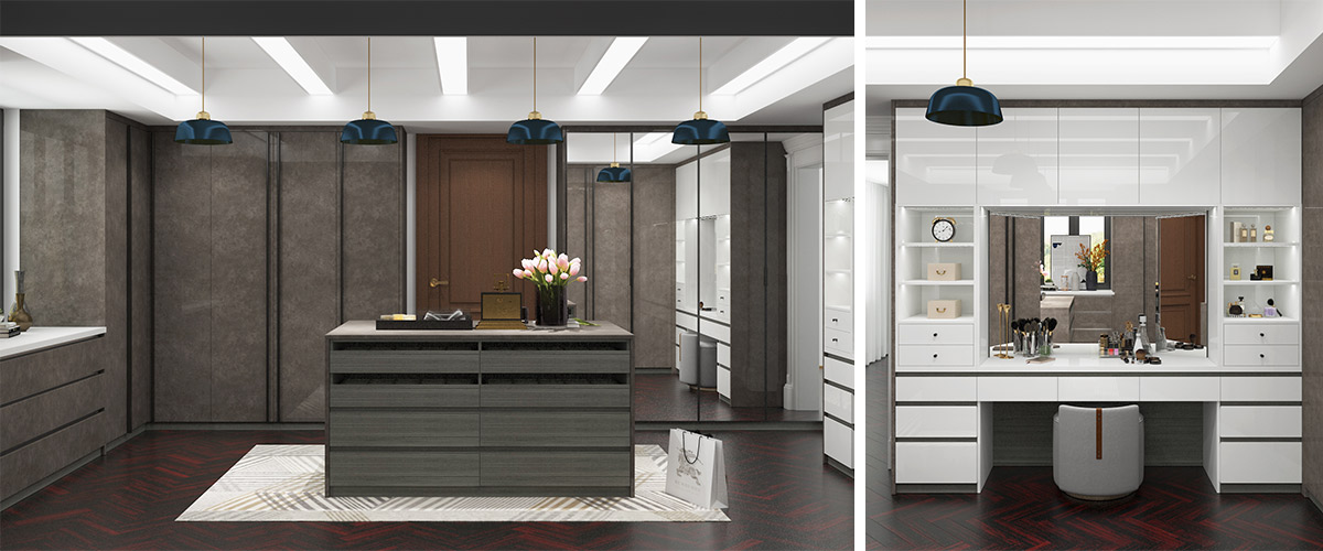 A walk-in closet with clothes storage and a vanity table