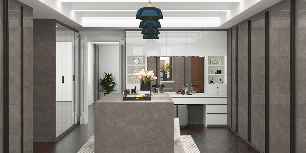 A walk-in closet with clothes storage and a vanity table