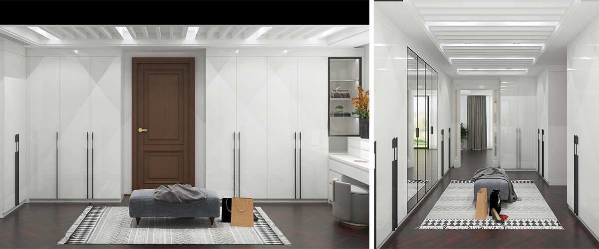 A walk-in closet with clothes storage and a vanity table 
