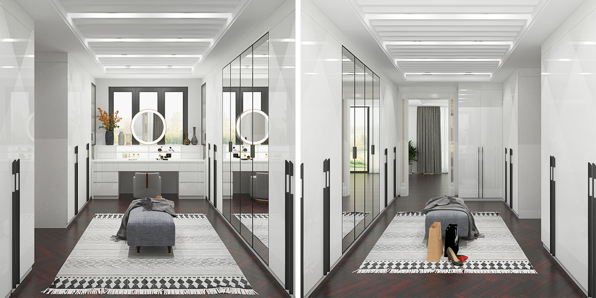 A walk-in closet with clothes storage and a vanity table 