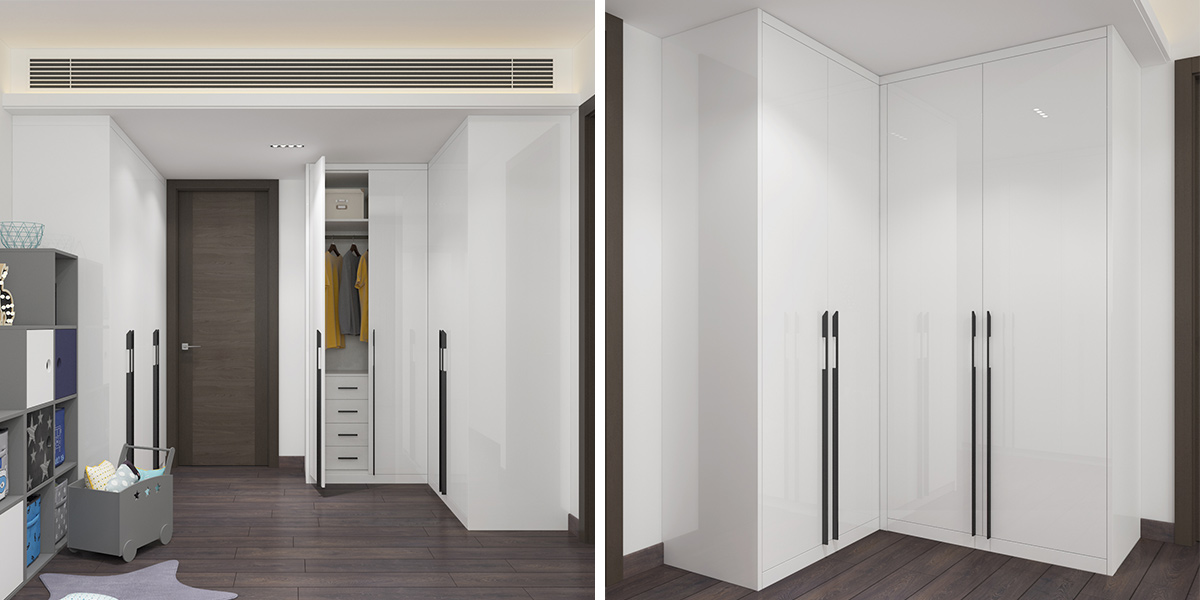 White high-gloss L-shaped closet