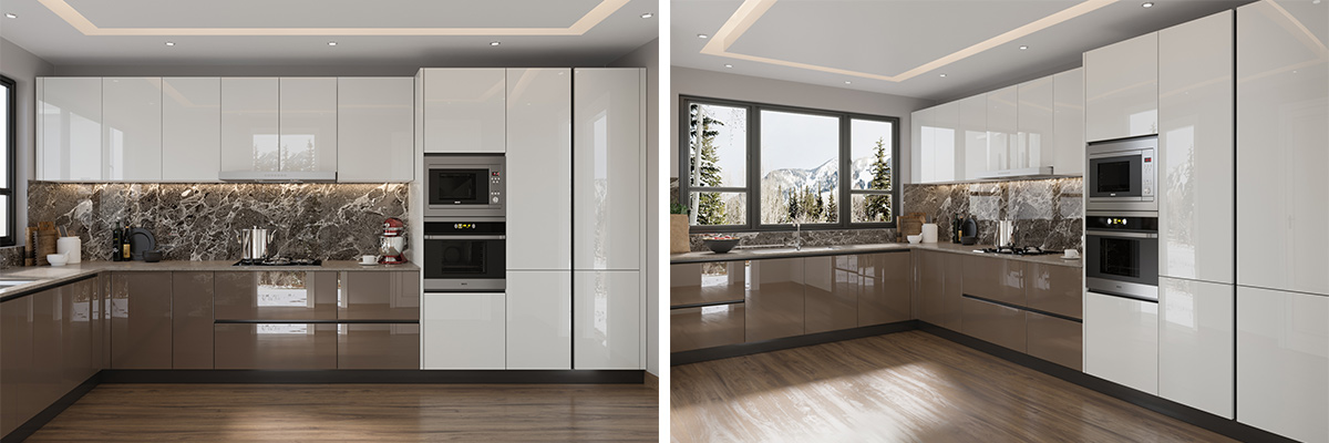 Kitchen cabinets in white and brown combination