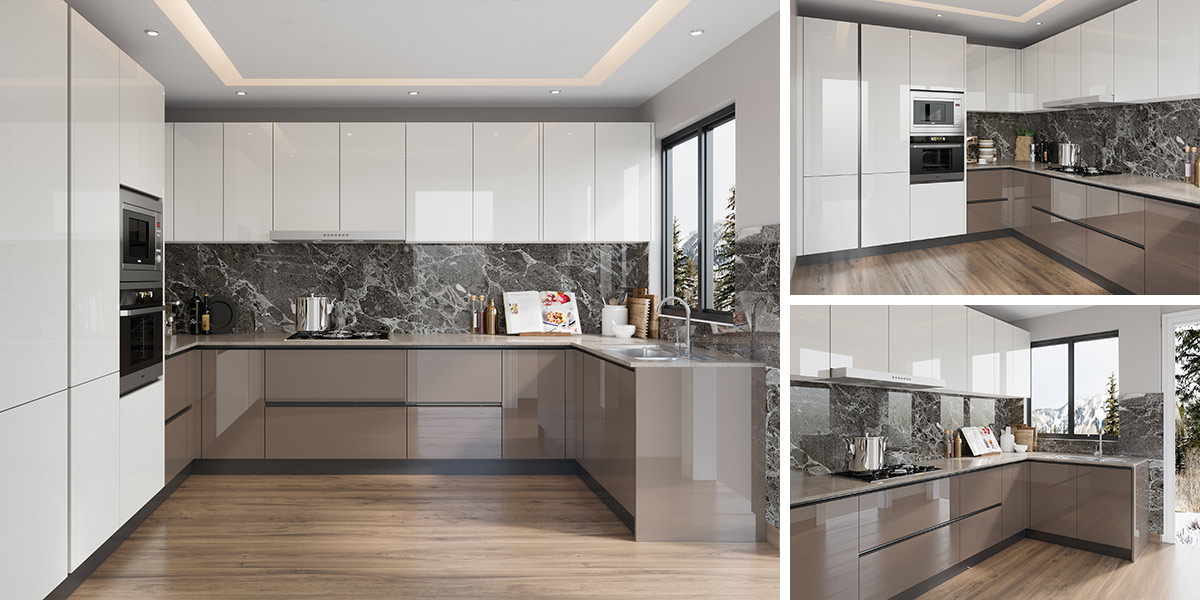 Kitchen cabinets in white and brown combination
