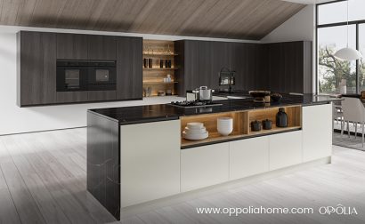 Kitchen Cabinets with Waterfall Edge Island Countertop