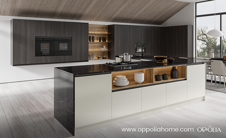Kitchen Cabinets with Waterfall Edge Island Countertop
