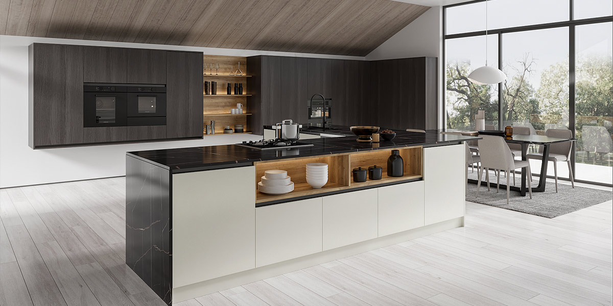 Kitchen Cabinets with Waterfall Edge Island Countertop 