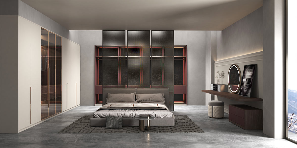 Fitted Light Grey and Red Walk in Wardrobe