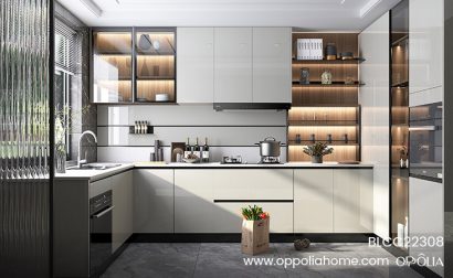 High Gloss White and Wood Frameless Kitchen Cabinets