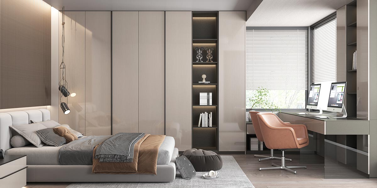 Inbuilt Glossy White Wardrobe with Drawers
