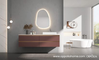 Red Powder Room Vanity with Integrated Handles