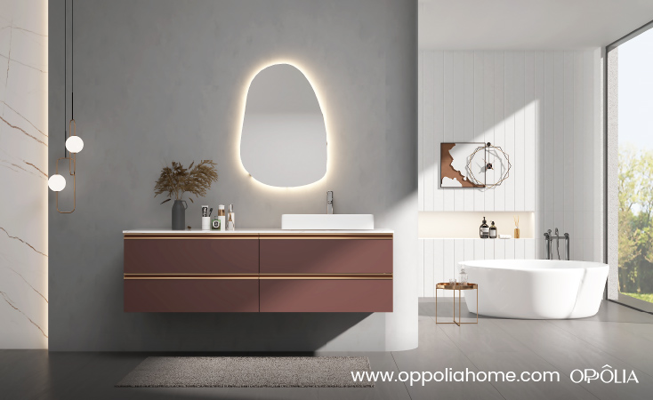 Red Powder Room Vanity with Integrated Handles