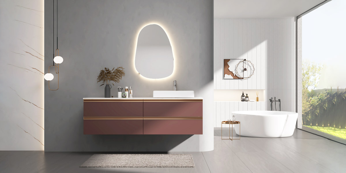 Red Powder Room Vanity with Integrated Handles