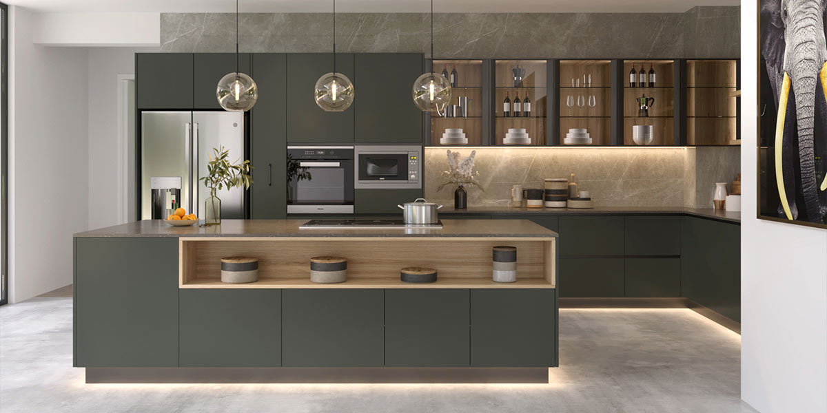 island kitchen with open shelves