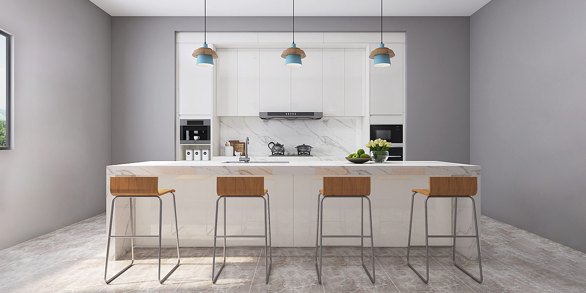 Modern white Waterfall Kitchen Island with Quartz Countertop