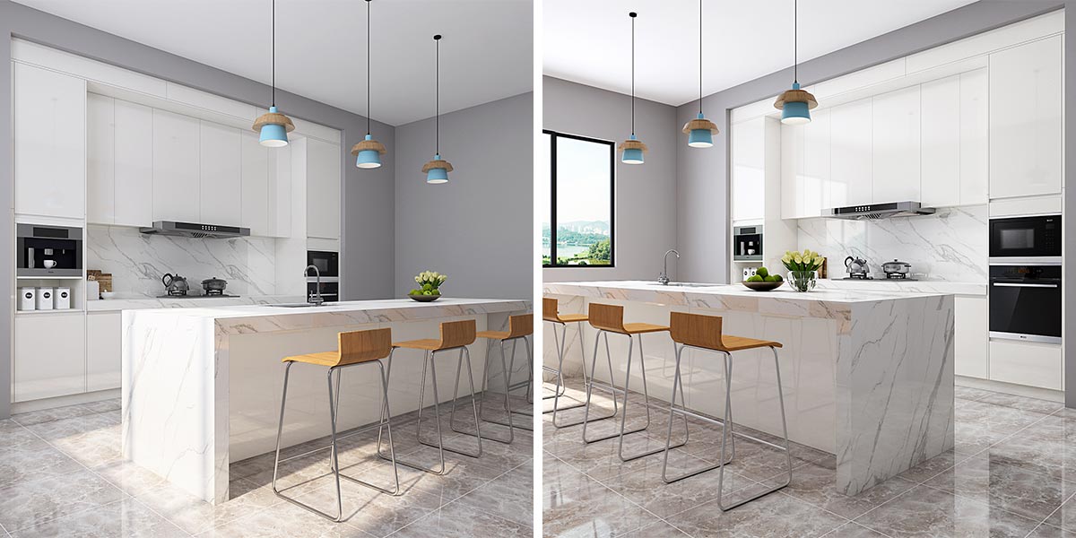 Modern white Waterfall Kitchen Island with Quartz Countertop