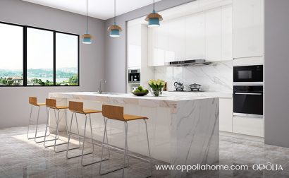 Modern Waterfall Island Kitchen with Quartz Countertop