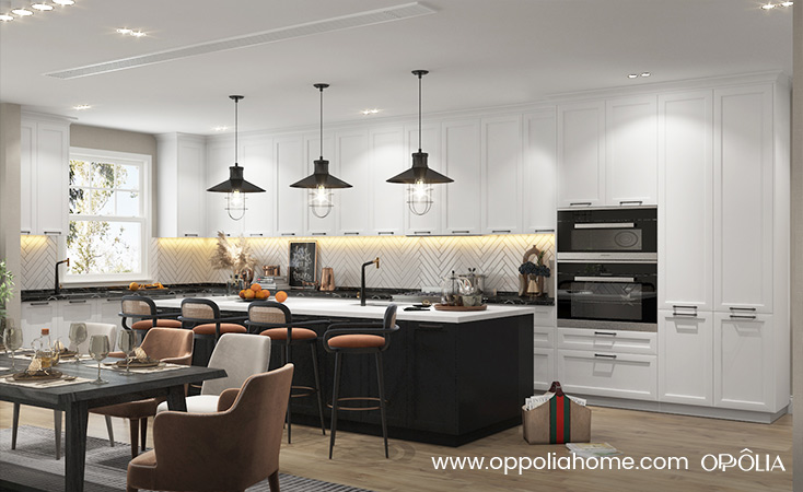 White Shaker Kitchen Cabinets with Black Island
