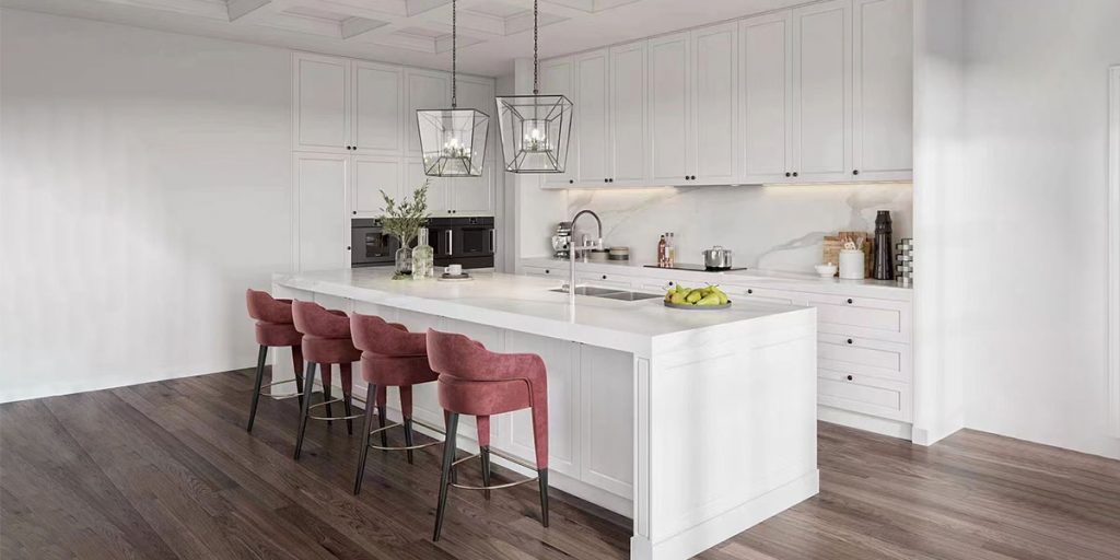 white cabinets with white island