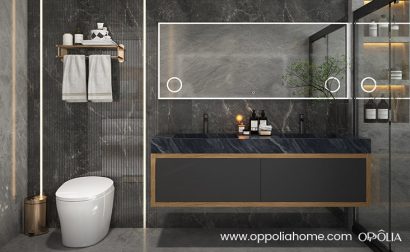 Black Bathroom Vanity with Blue Grey Countertop