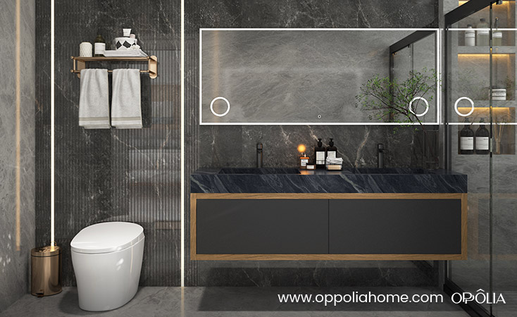 Black Bathroom Vanity with Blue Grey Countertop