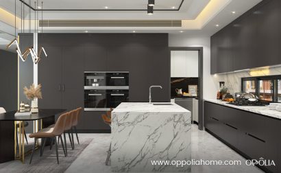 Dark Grey Kitchen Cabinets with White Countertops