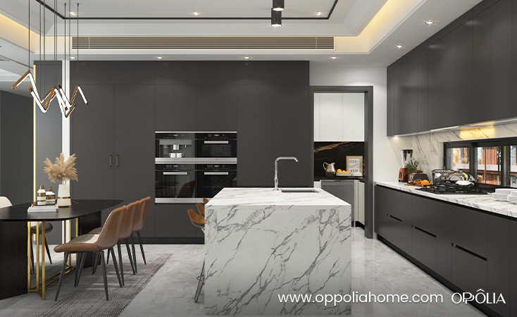 Dark Grey Kitchen Cabinets with White Countertops