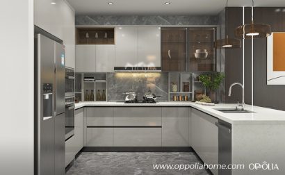 Light gray U-shaped peninsula kitchen