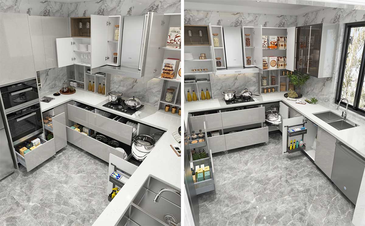 Silver Grey U Shaped Kitchen Multifunctional Kitchen Storage Drawers