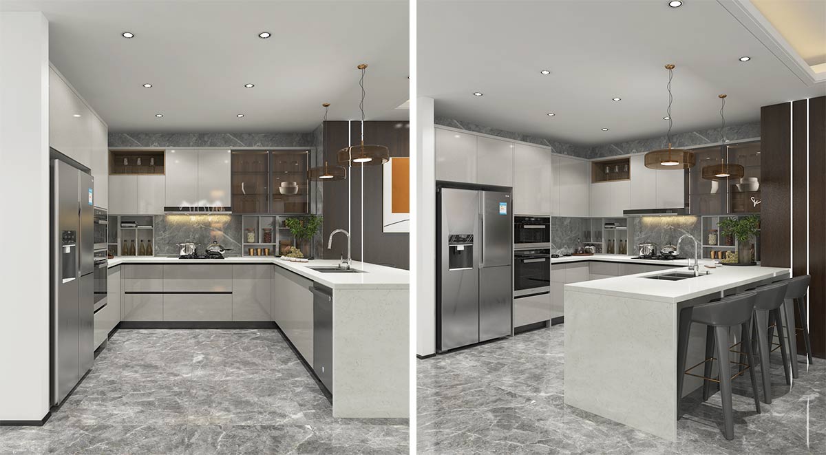 U Shaped Kitchen with Peninsula Light gray U-shaped peninsula kitchen